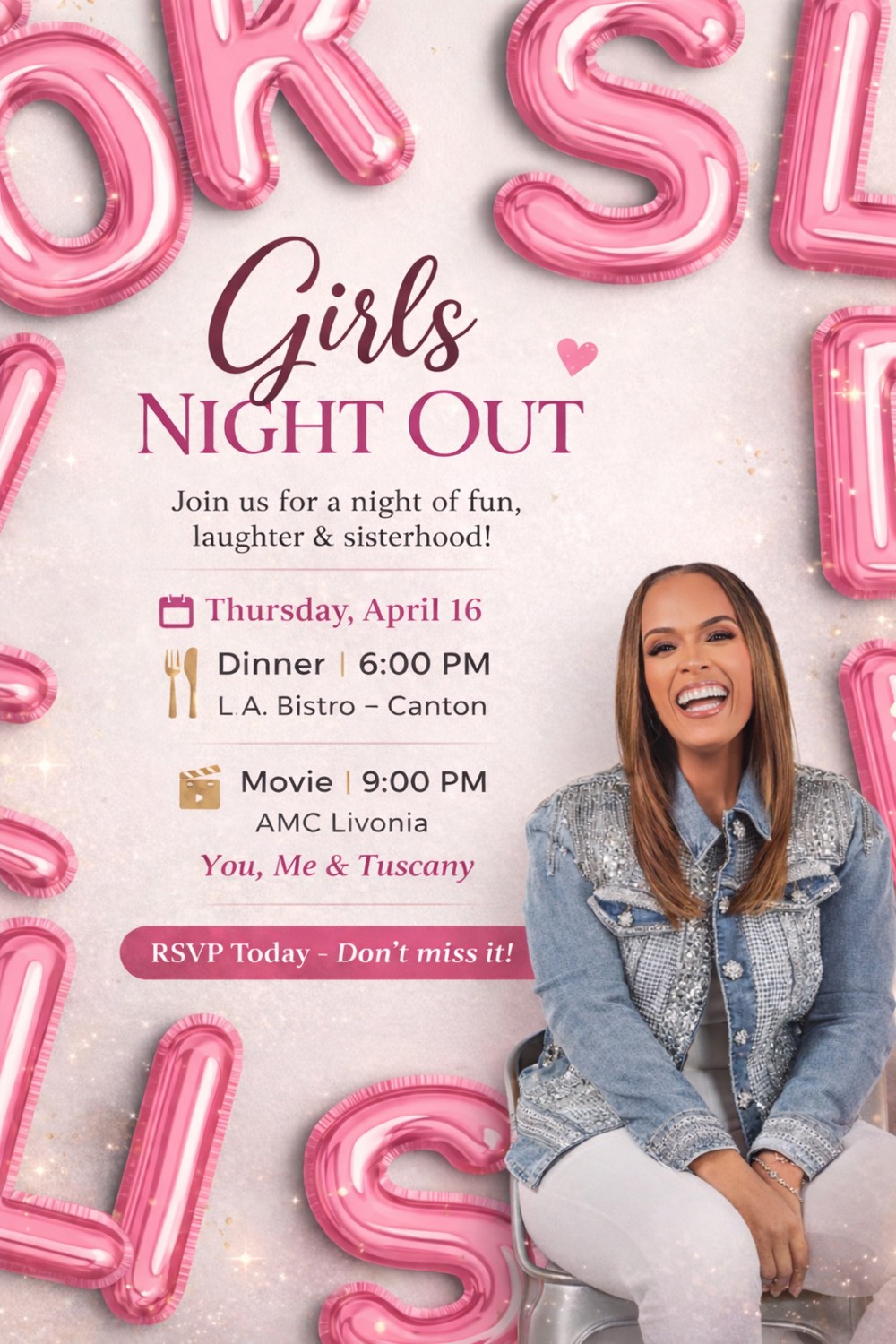 Pastor Robyn's Girls Night Out Thursday April 16th 2026 Dinner aat 6 pm at LA Bistro in Canton Movie at 9:00 PM at the AMC Livonia Click the link to RSVP