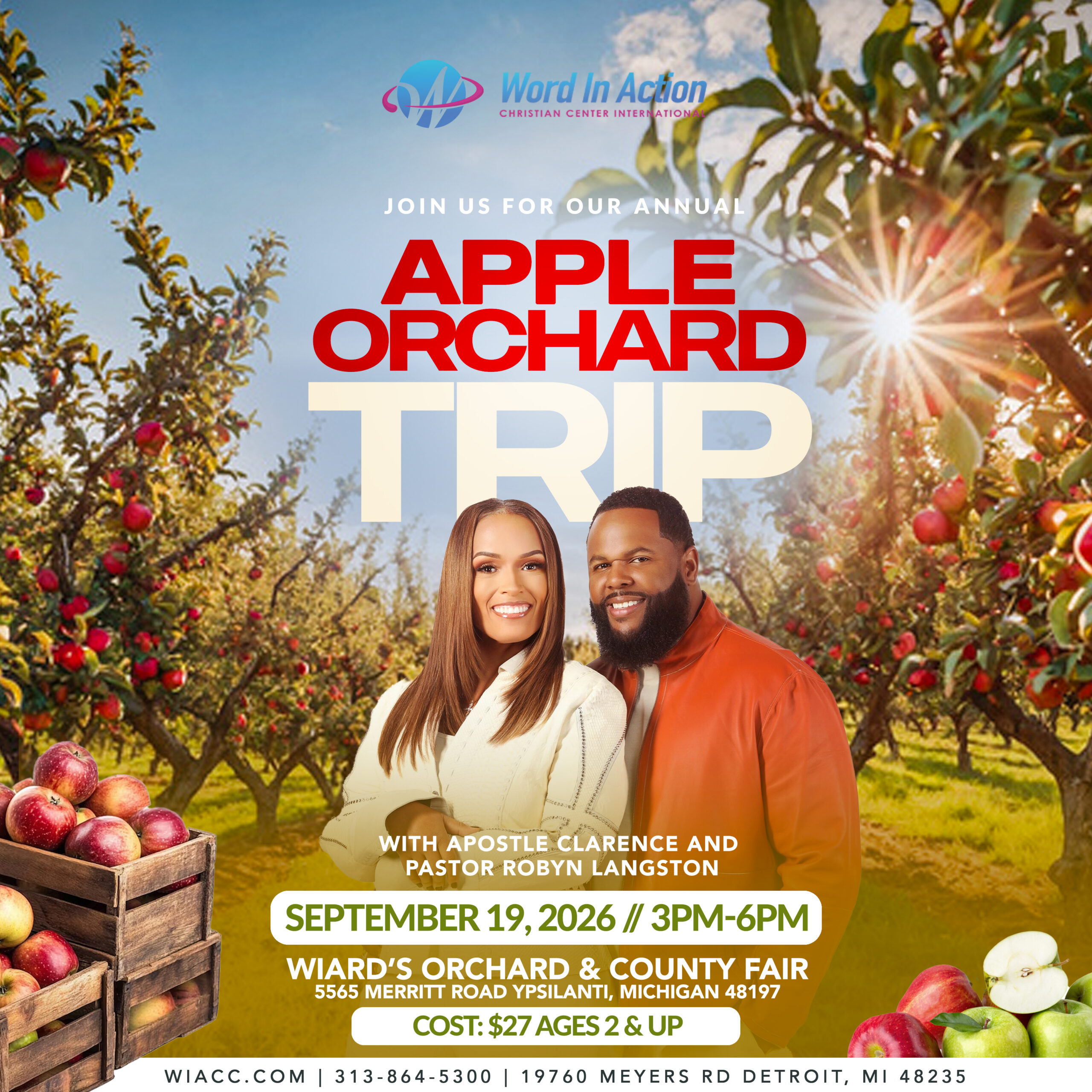 Word in Action presents Annual WIACC Family Apple Orchard Trip, Saturday , September 19, 2026 at Wiard's Orchards & County Fair 5565 Meritt Road, Ypsilanti, MI - register today at WIACC. COM