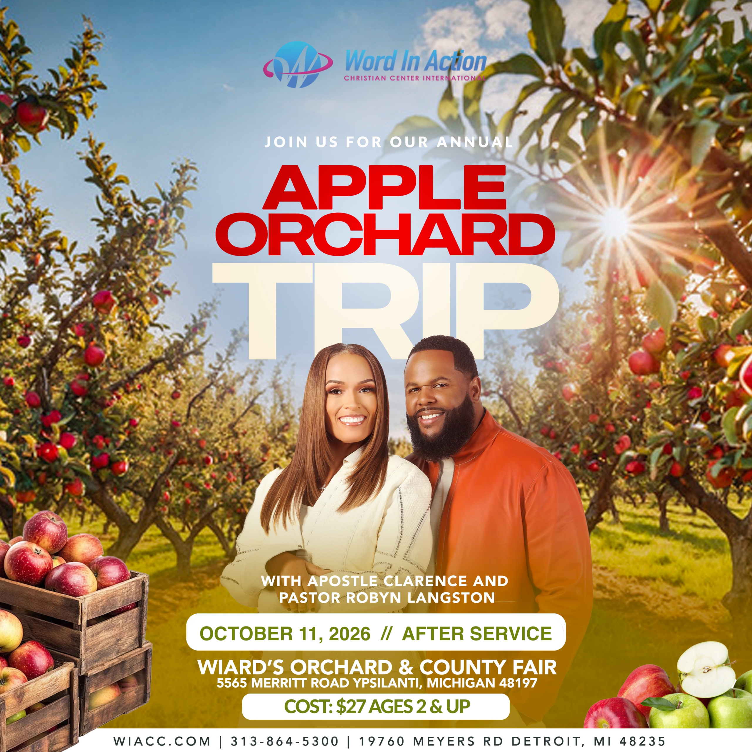 Word in Action presents Annual WIACC Family Apple Orchard Trip, Saturday , October 11, 2026 at Wiard's Orchards & County Fair 5565 Meritt Road, Ypsilanti, MI - register today at WIACC. COM